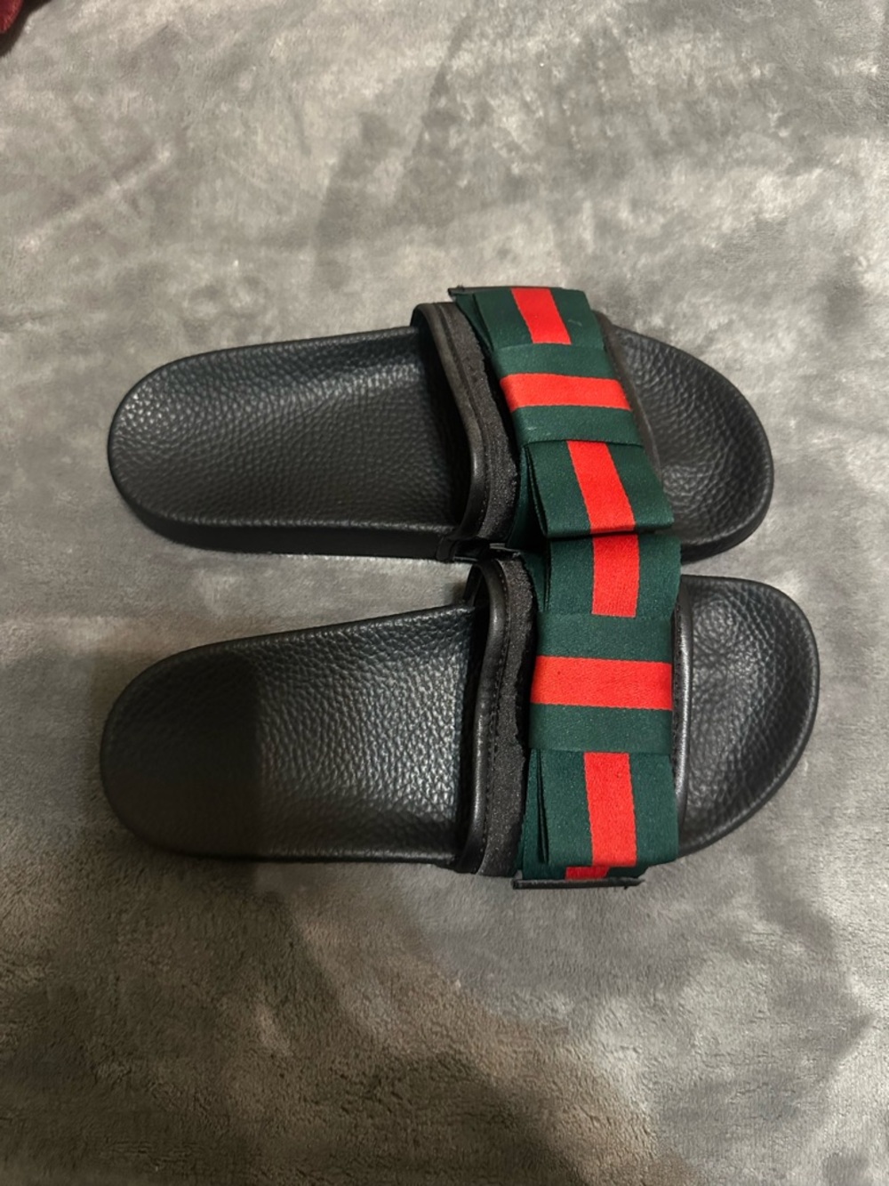 Black Slide Sandals with Green and Red Striped Strap